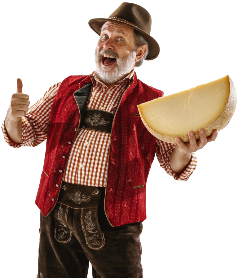 Man in traditionele Alpenkledij met kaas